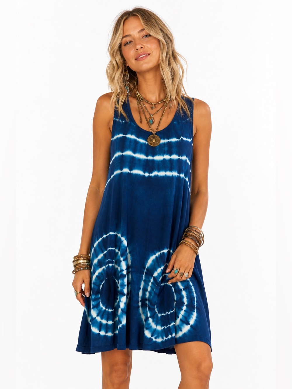 India Boutique Blue Boho Tie-Dye Sleeves Tank Dress